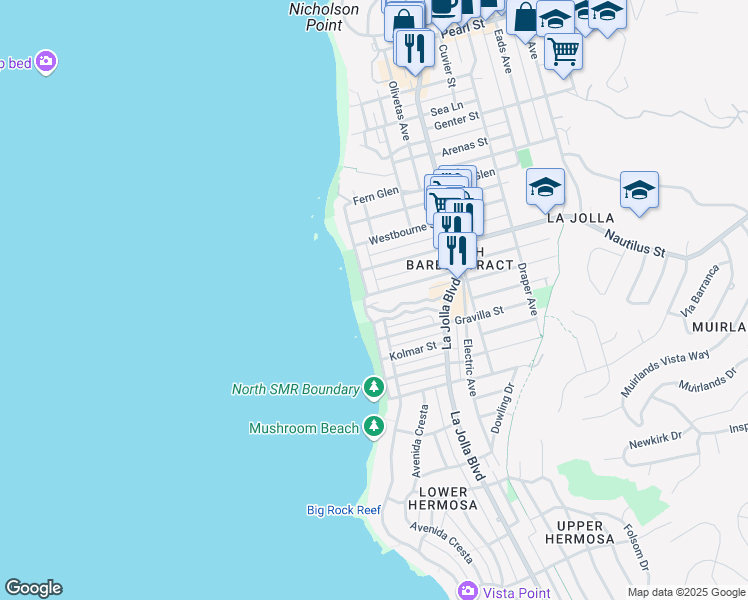 map of restaurants, bars, coffee shops, grocery stores, and more near 215 Bonair Street in San Diego