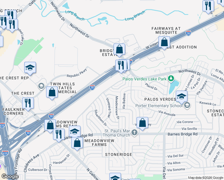 map of restaurants, bars, coffee shops, grocery stores, and more near 1152 Morningside Court in Mesquite