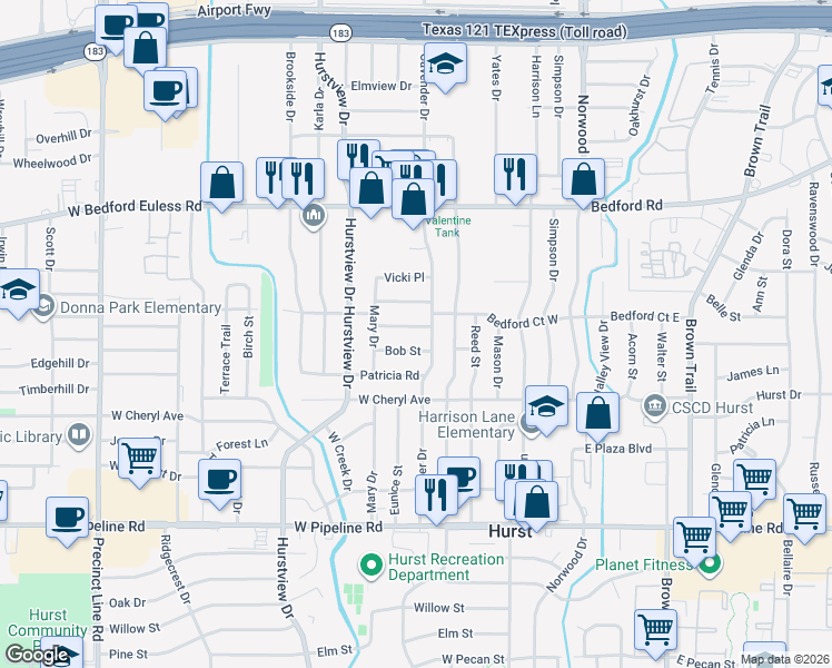 map of restaurants, bars, coffee shops, grocery stores, and more near 409 Keren Place in Hurst