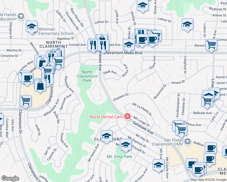 map of restaurants, bars, coffee shops, grocery stores, and more near 4649 Shoshoni Avenue in San Diego