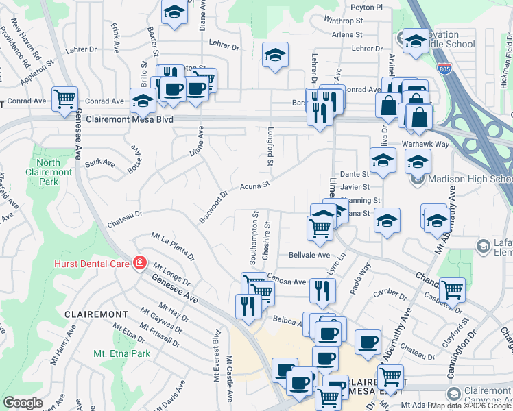 map of restaurants, bars, coffee shops, grocery stores, and more near 5002 Triana Street in San Diego