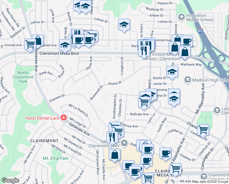 map of restaurants, bars, coffee shops, grocery stores, and more near 4917 Acuna Street in San Diego