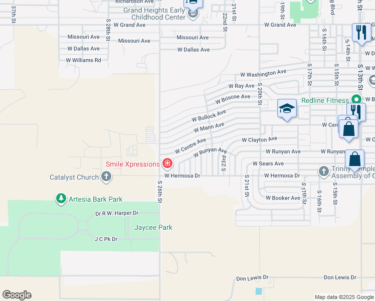 map of restaurants, bars, coffee shops, grocery stores, and more near 2413 West Centre Avenue in Artesia