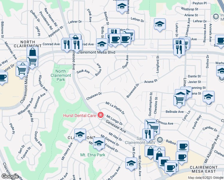 map of restaurants, bars, coffee shops, grocery stores, and more near 4664 Chateau Court in San Diego