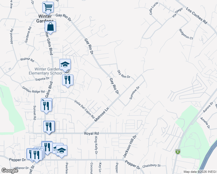 map of restaurants, bars, coffee shops, grocery stores, and more near 12417 Gay Rio Drive in Lakeside