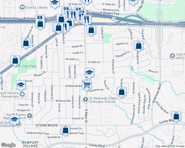 map of restaurants, bars, coffee shops, grocery stores, and more near 109 Main Place in Euless