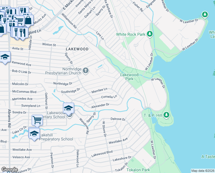 map of restaurants, bars, coffee shops, grocery stores, and more near 7026 Southridge Drive in Dallas