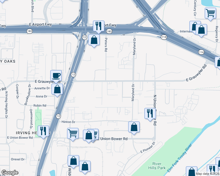 map of restaurants, bars, coffee shops, grocery stores, and more near 2328 East Grauwyler Road in Irving