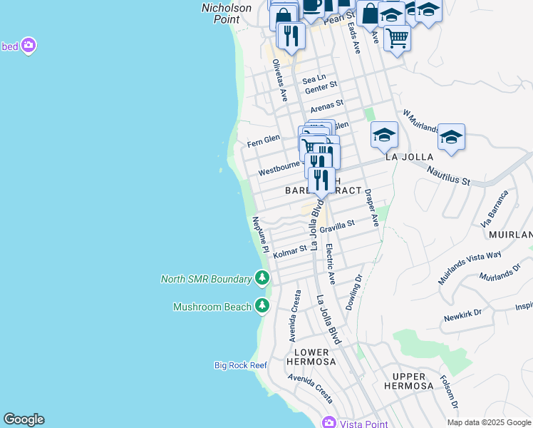 map of restaurants, bars, coffee shops, grocery stores, and more near 231 Bonair Street in San Diego