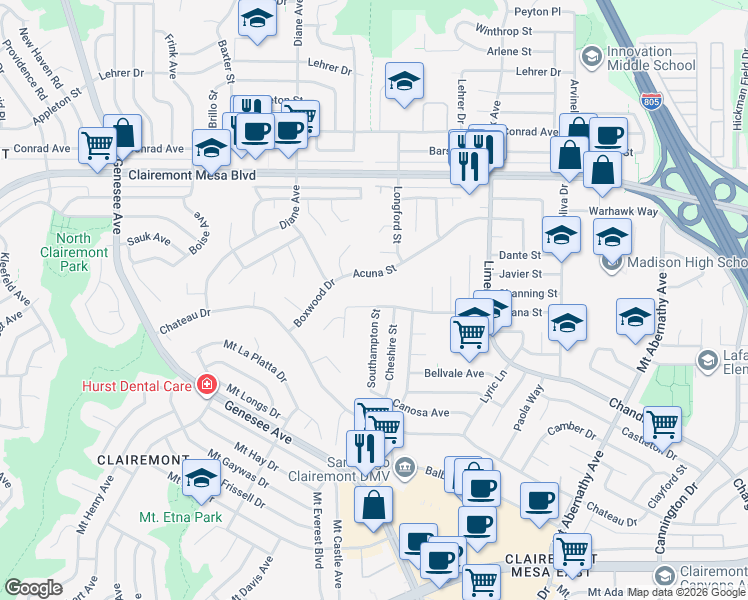 map of restaurants, bars, coffee shops, grocery stores, and more near 4917 Acuna Street in San Diego
