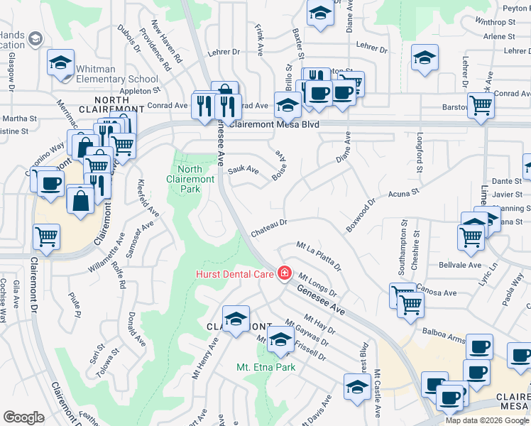 map of restaurants, bars, coffee shops, grocery stores, and more near 4515 Diane Way in San Diego