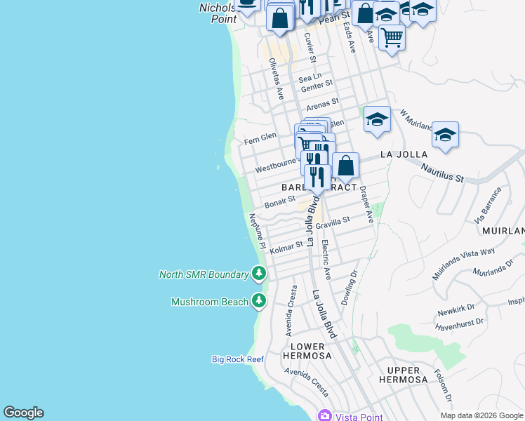 map of restaurants, bars, coffee shops, grocery stores, and more near in San Diego