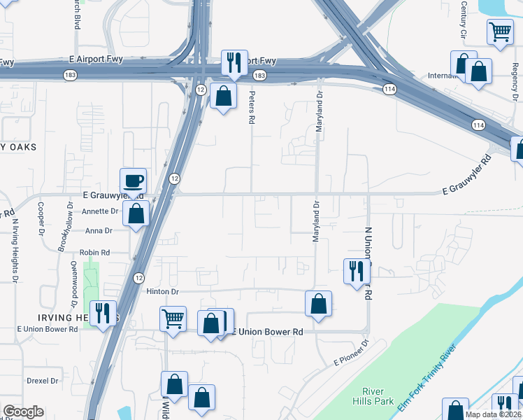 map of restaurants, bars, coffee shops, grocery stores, and more near 2328 East Grauwyler Road in Irving
