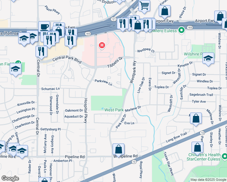 map of restaurants, bars, coffee shops, grocery stores, and more near 2704 Parkview Lane in Bedford