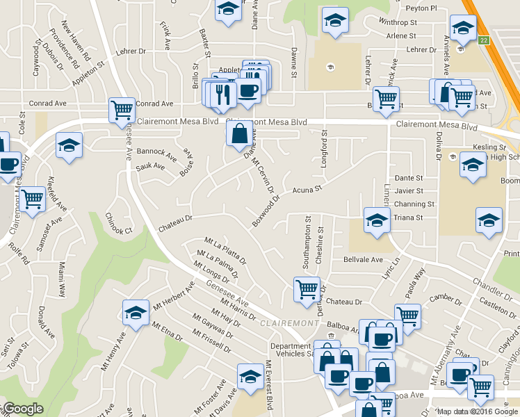 map of restaurants, bars, coffee shops, grocery stores, and more near 4674 Boxwood Drive in San Diego