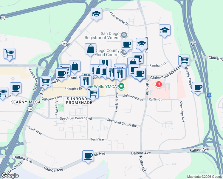 map of restaurants, bars, coffee shops, grocery stores, and more near 9246 Lightwave Avenue in San Diego
