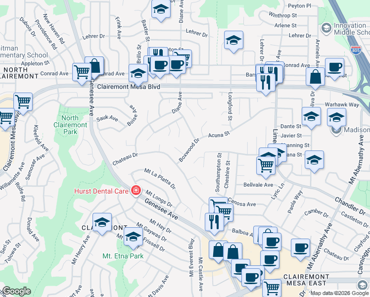 map of restaurants, bars, coffee shops, grocery stores, and more near 4674 Boxwood Drive in San Diego