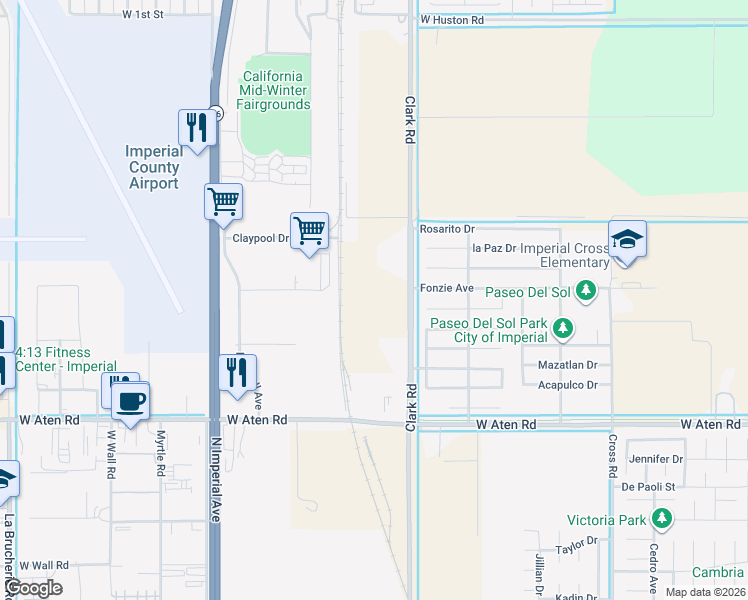 map of restaurants, bars, coffee shops, grocery stores, and more near 2575 Clark Road in Imperial