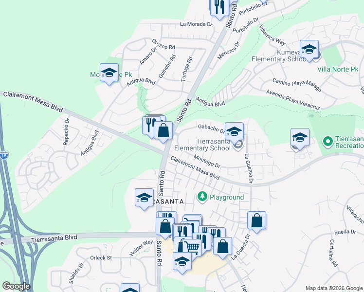 map of restaurants, bars, coffee shops, grocery stores, and more near 10568 Montego Drive in San Diego