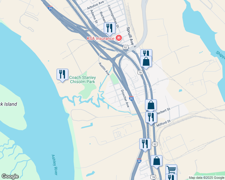 map of restaurants, bars, coffee shops, grocery stores, and more near 2227 Peace Street in Charleston
