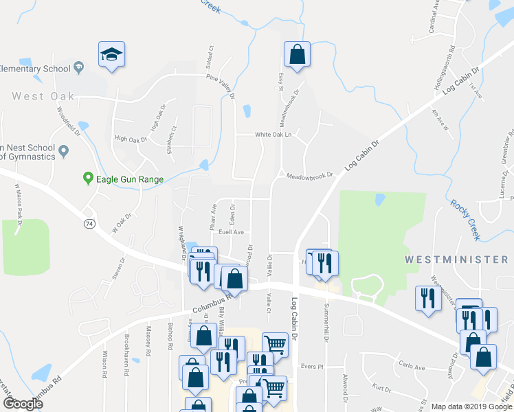 map of restaurants, bars, coffee shops, grocery stores, and more near 4124 Dellwood Drive in Macon