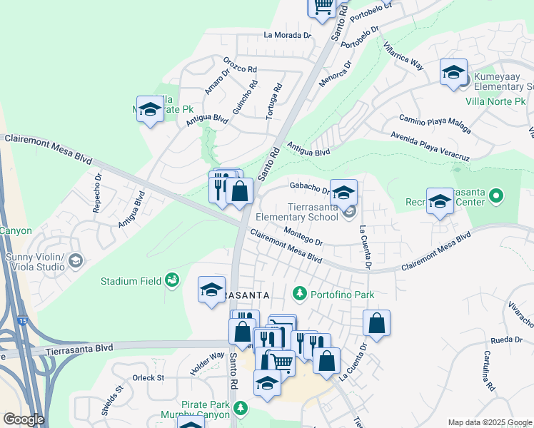map of restaurants, bars, coffee shops, grocery stores, and more near 10568 Montego Drive in San Diego