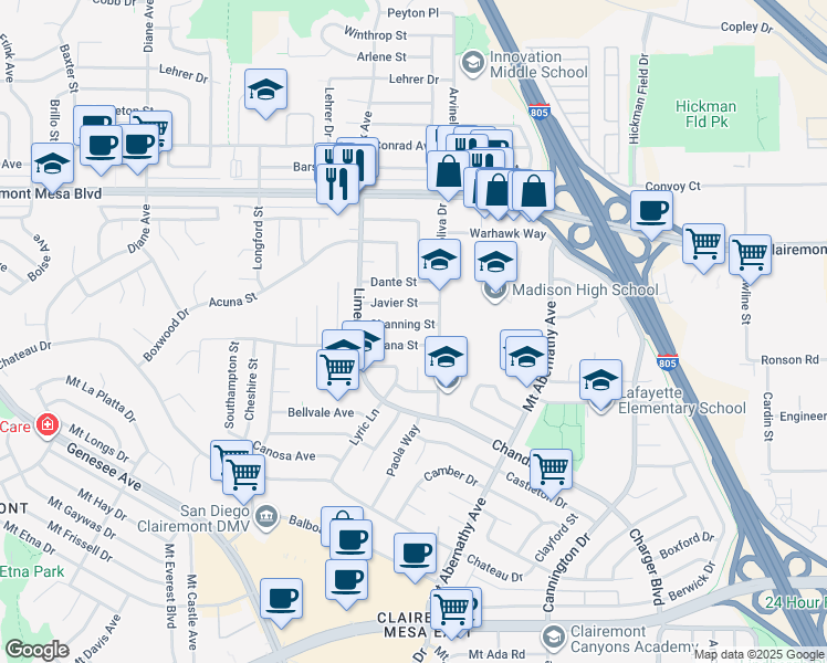map of restaurants, bars, coffee shops, grocery stores, and more near 5319 Javier Street in San Diego