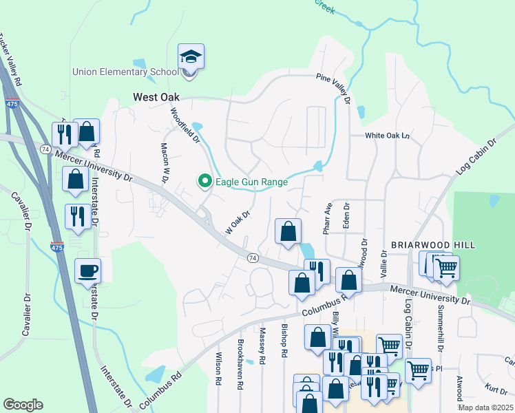 map of restaurants, bars, coffee shops, grocery stores, and more near 4182 West Oak Drive in Macon