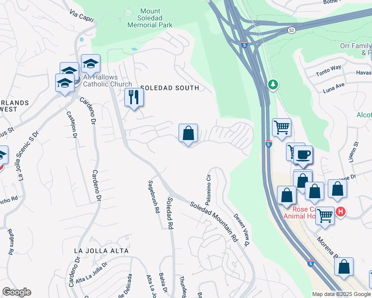map of restaurants, bars, coffee shops, grocery stores, and more near 2545 Ridgegate Row in San Diego