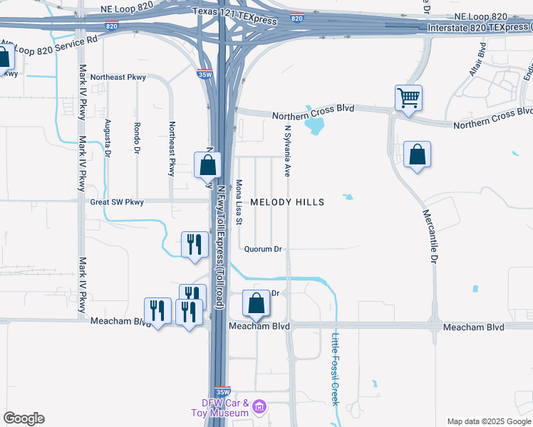 map of restaurants, bars, coffee shops, grocery stores, and more near 4860 Melody Lane in Fort Worth