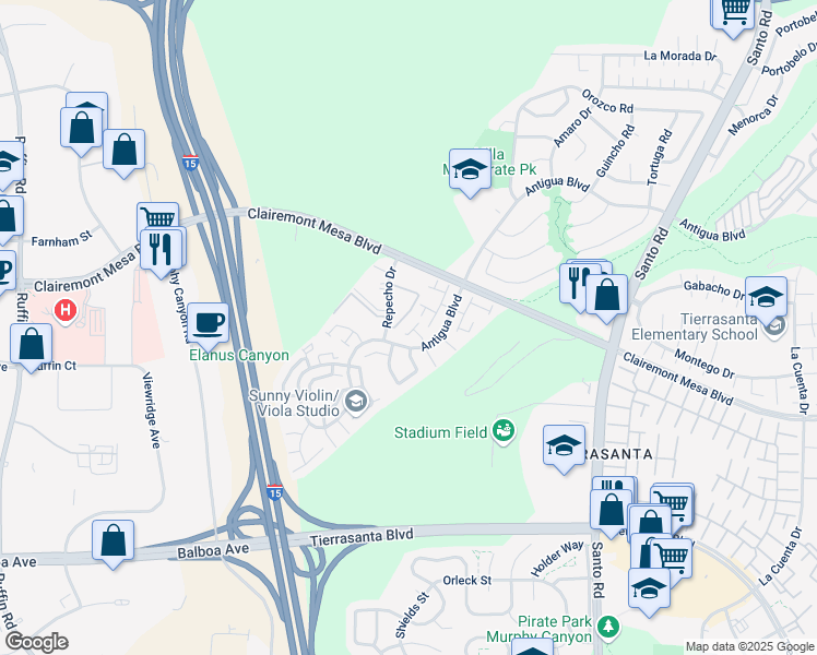 map of restaurants, bars, coffee shops, grocery stores, and more near 10129 Dafne Lane in San Diego