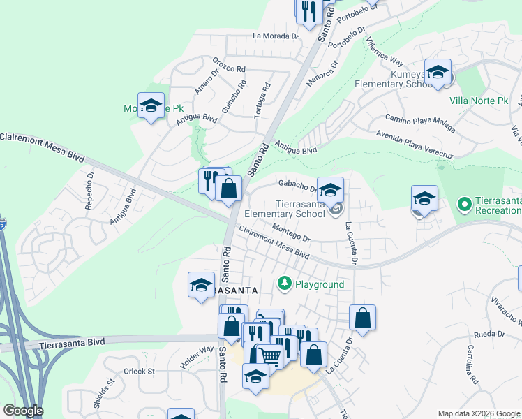 map of restaurants, bars, coffee shops, grocery stores, and more near 10512 Montego Drive in San Diego