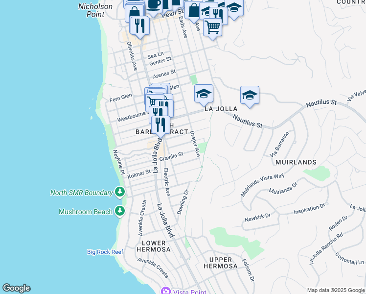 map of restaurants, bars, coffee shops, grocery stores, and more near 605 Bonair Place in San Diego