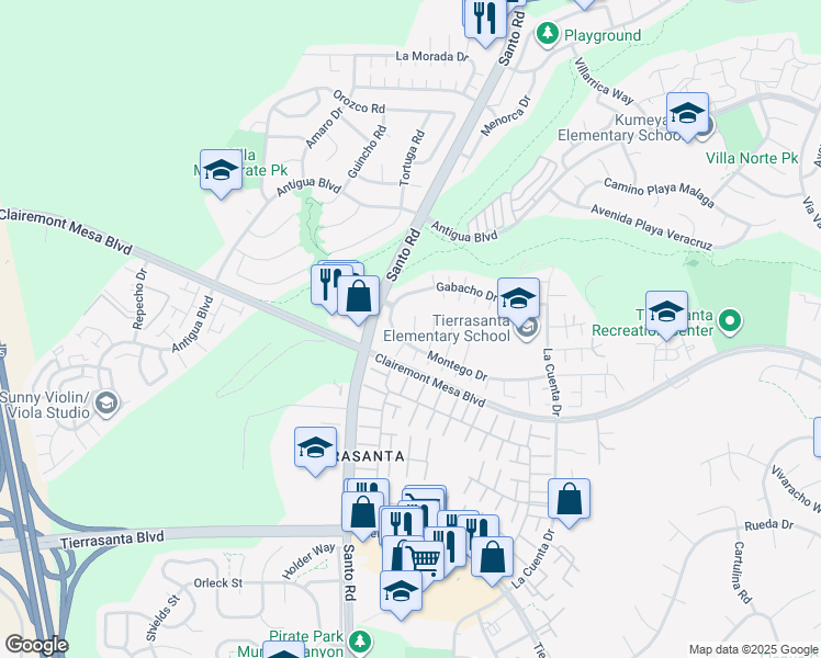 map of restaurants, bars, coffee shops, grocery stores, and more near 10512 Montego Drive in San Diego