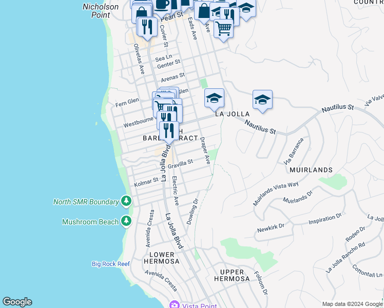 map of restaurants, bars, coffee shops, grocery stores, and more near 605 Bonair Place in San Diego