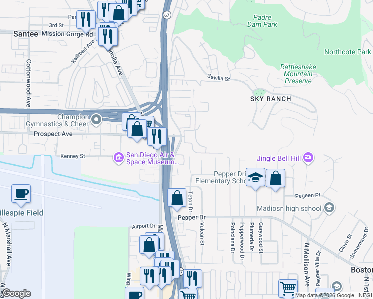 map of restaurants, bars, coffee shops, grocery stores, and more near 8527 Graves Avenue in Santee
