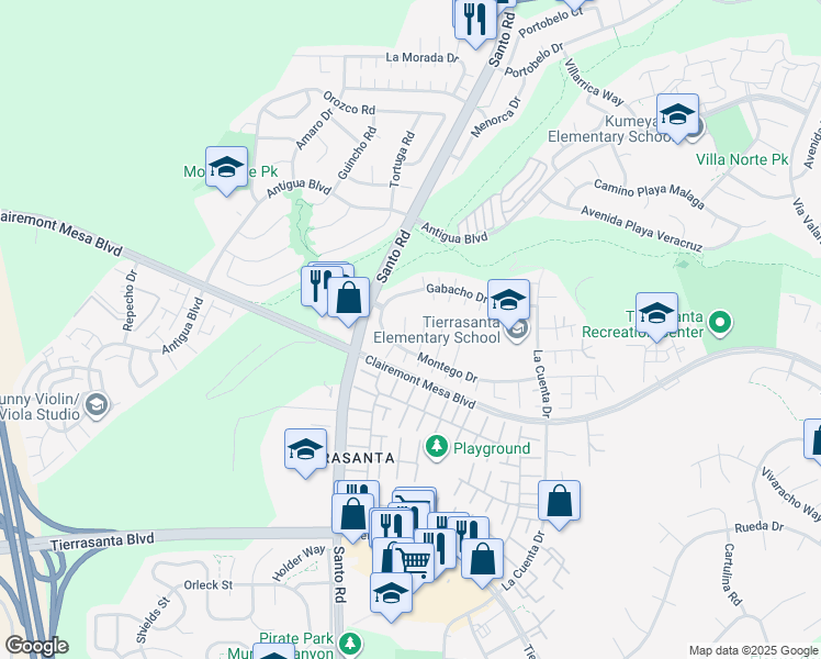 map of restaurants, bars, coffee shops, grocery stores, and more near 5495 Azores Court in San Diego