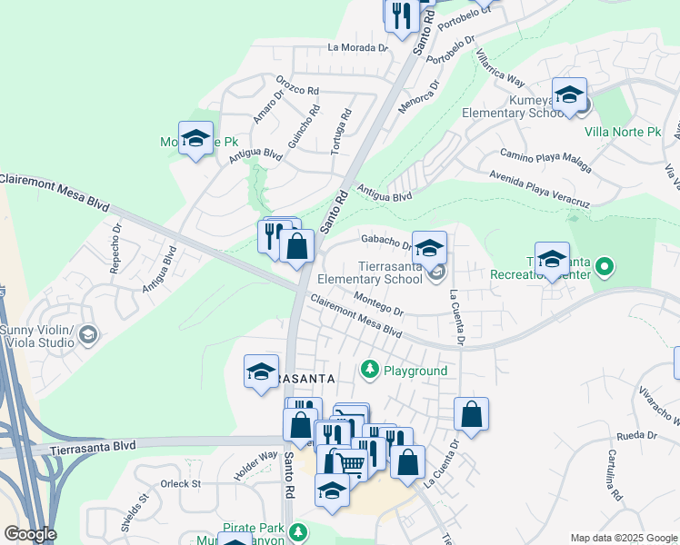 map of restaurants, bars, coffee shops, grocery stores, and more near 10512 Montego Drive in San Diego