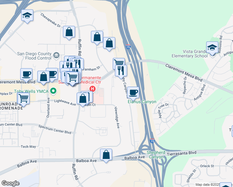map of restaurants, bars, coffee shops, grocery stores, and more near 5251 Viewridge Ct in San Diego