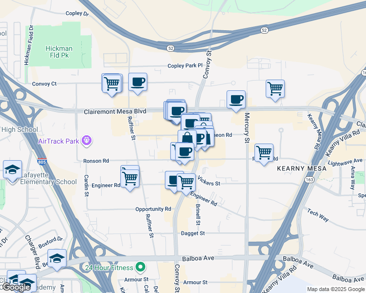 map of restaurants, bars, coffee shops, grocery stores, and more near 4888 Convoy Street in San Diego