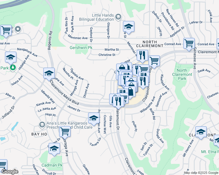 map of restaurants, bars, coffee shops, grocery stores, and more near 4683 Coconino Way in San Diego