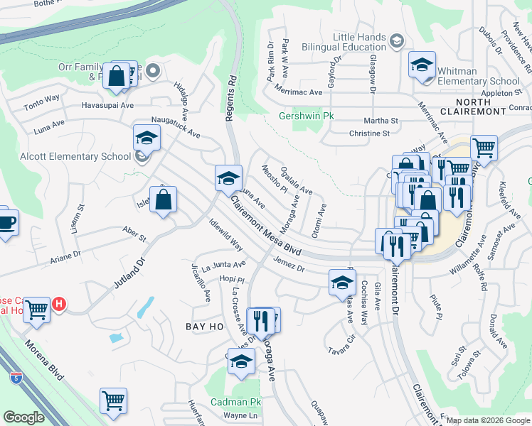 map of restaurants, bars, coffee shops, grocery stores, and more near 3283 Luna Avenue in San Diego