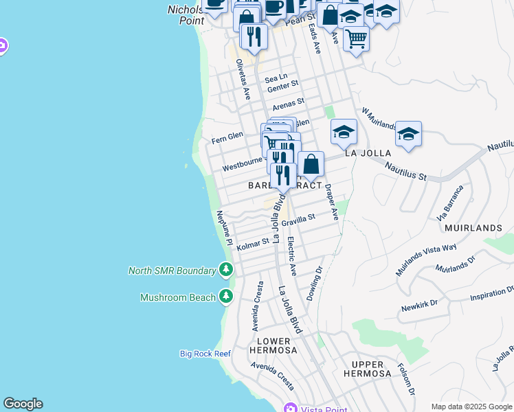 map of restaurants, bars, coffee shops, grocery stores, and more near 407 Bonair Street in San Diego