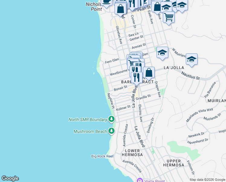 map of restaurants, bars, coffee shops, grocery stores, and more near in San Diego