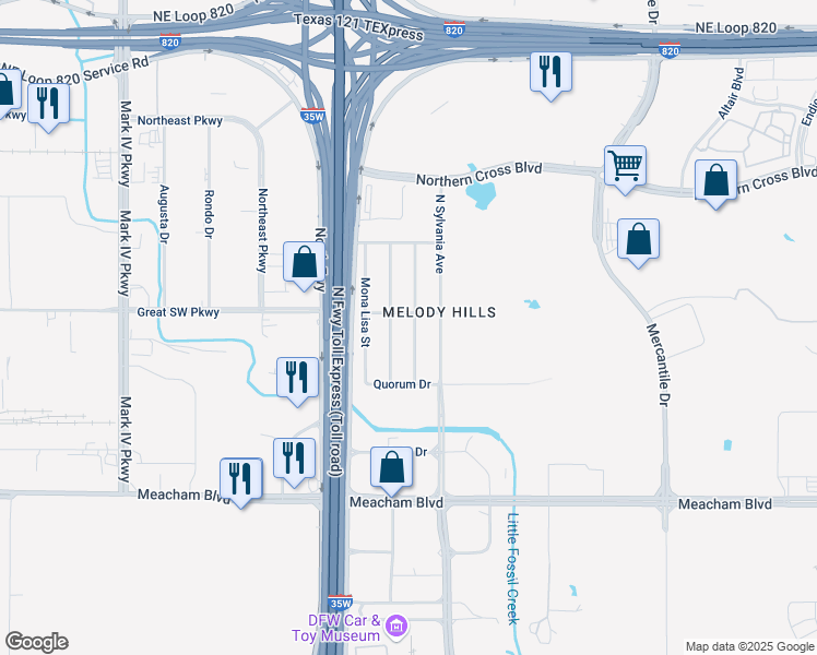 map of restaurants, bars, coffee shops, grocery stores, and more near 4860 Melody Lane in Fort Worth