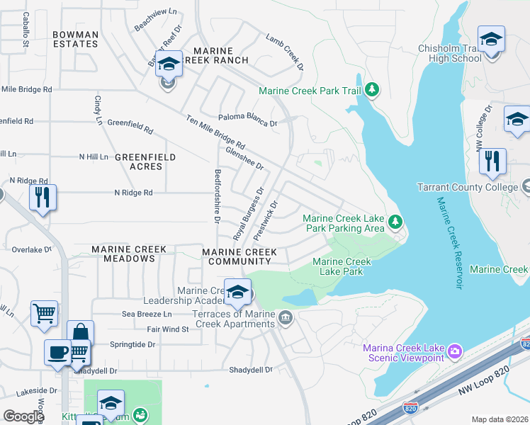 map of restaurants, bars, coffee shops, grocery stores, and more near 5136 Royal Burgess Drive in Fort Worth