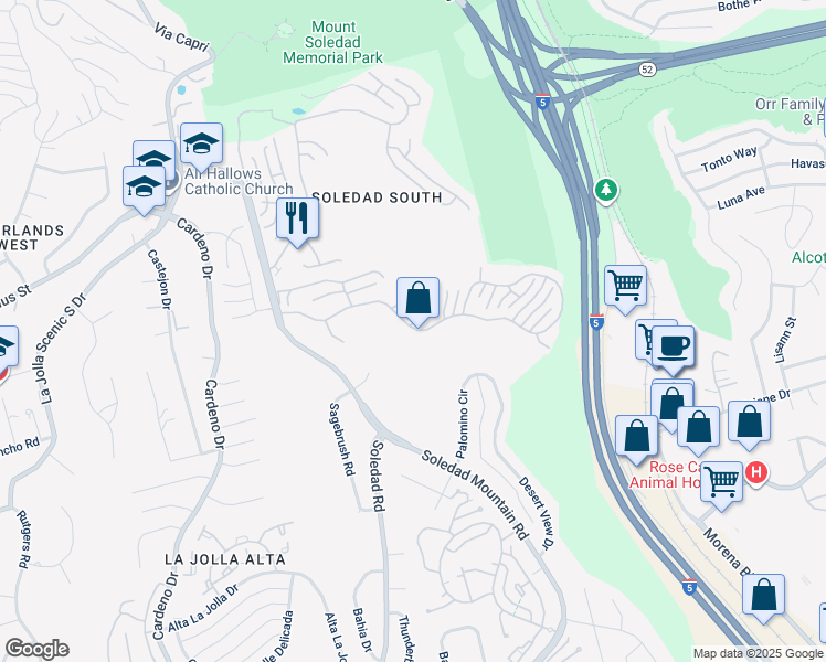 map of restaurants, bars, coffee shops, grocery stores, and more near 2545 Ridgegate Row in San Diego