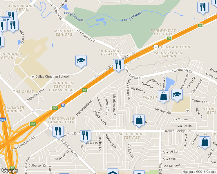 map of restaurants, bars, coffee shops, grocery stores, and more near 1152 Morningside Court in Mesquite