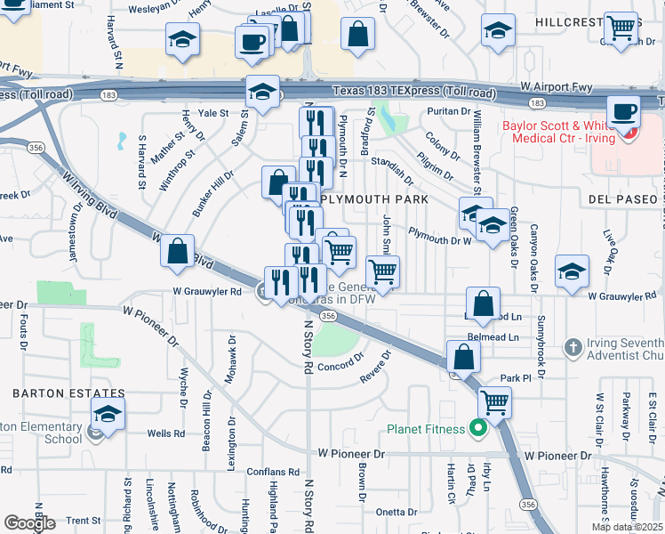 map of restaurants, bars, coffee shops, grocery stores, and more near 2201 West Grauwyler Road in Irving