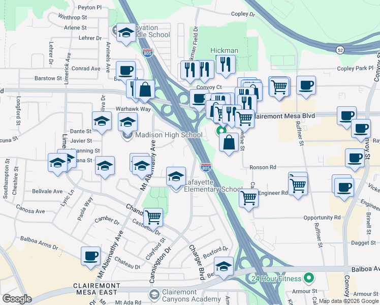 map of restaurants, bars, coffee shops, grocery stores, and more near 4826 Cannington Drive in San Diego